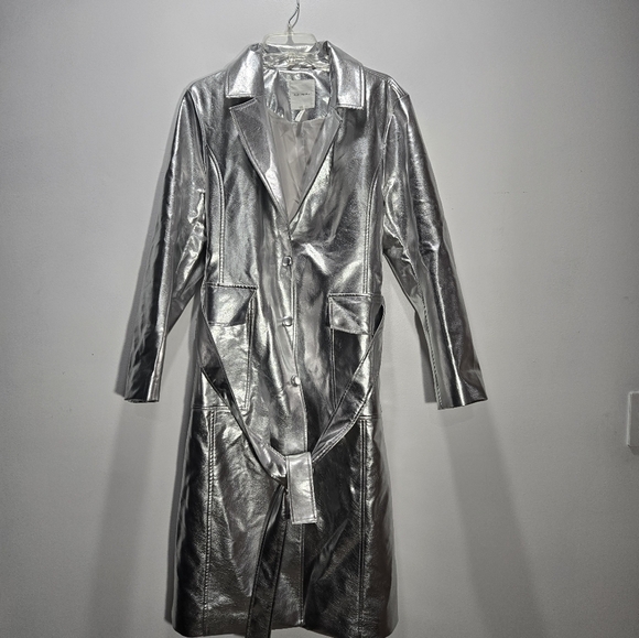 Anthropologie Avec Les Filles Metallic Faux Leather Trench Coat Silver L - Picture 3 of 11
